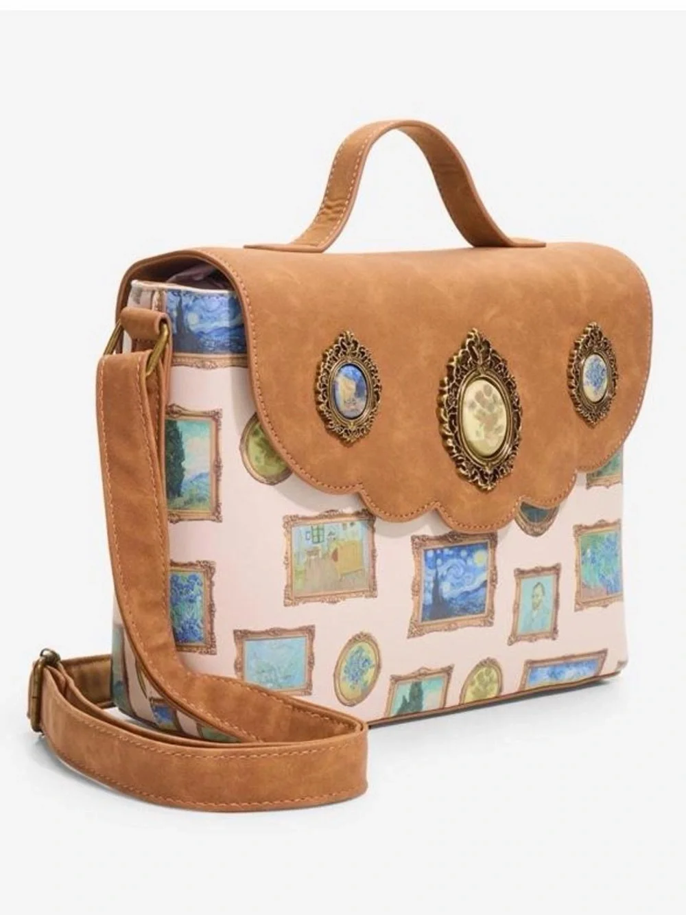 Van Gogh Art Print Crossbody Satchel - Tan and Pink